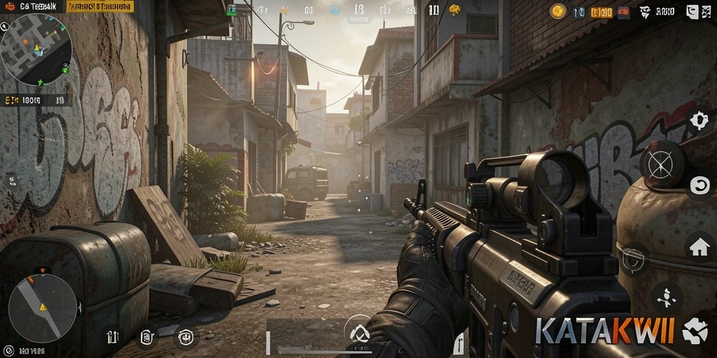 Screenshot KATAKWIN menampilkan tindakan seru dalam pertempuran FPS.