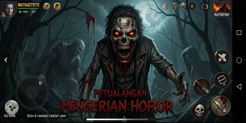 Screenshot menampilkan momen menegangkan dalam gameplay horor MUTASITOTO.